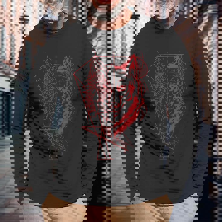 Wolf Products 幾何学模様 アウトドア オオカミ 長袖Tシャツ 高齢者への贈り物