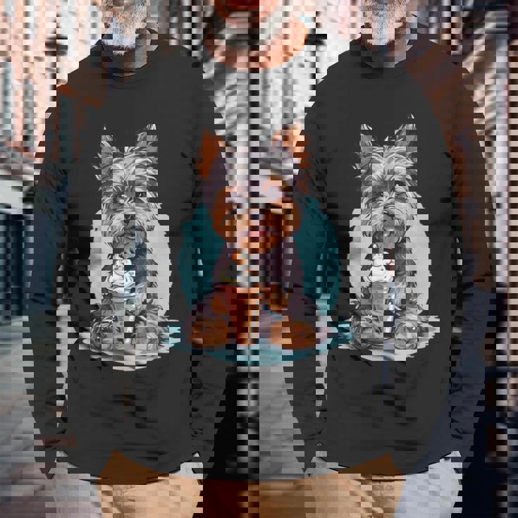 Yorkie Dog アニメ アイスクリームを食べる 夏 かわいい 長袖Tシャツ 高齢者への贈り物