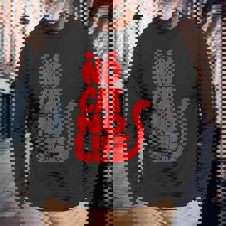 「No Cat No Life」シルエットキャット 長袖Tシャツ 高齢者への贈り物