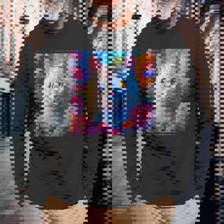 「お花畑のルディ猫」 油絵風ファンタジーアート 綺麗 かわいい オッドアイ リアル 長袖Tシャツ 高齢者への贈り物