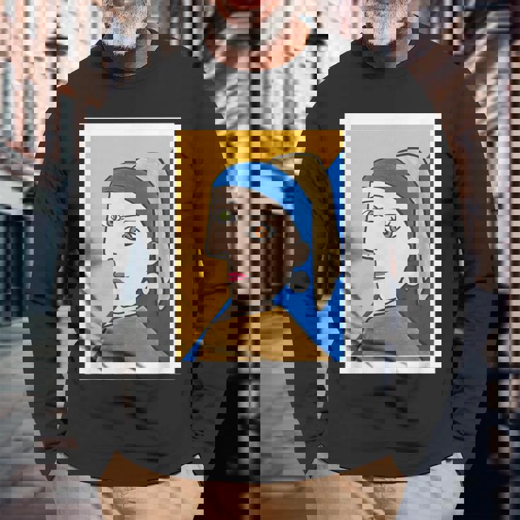 【ピカソ風】真珠の耳飾りの少女／フェルメール（パロディ）【世界の名画】面白い 美術館アート 長袖Tシャツ 高齢者への贈り物