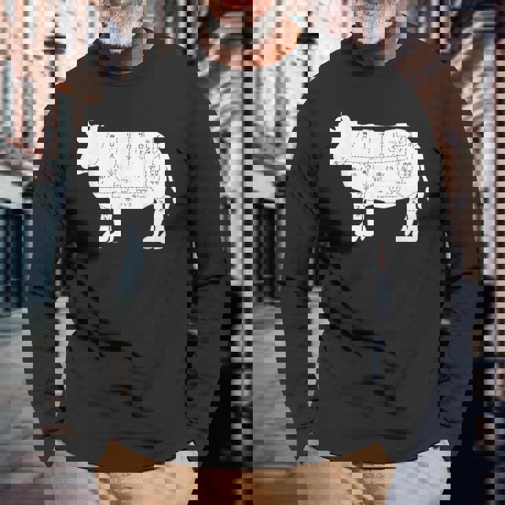 【牛肉部位】肉の部位 牛 うし 和牛 焼肉 牛丼 定食 部位 しゃぶしゃぶ すき焼き おもしろ 面白い ネタ ウケ狙い 長袖Tシャツ 高齢者への贈り物