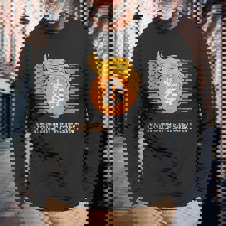 ありがとうトランプアメリカ ビットコインプレジデント就任式ジョーク 長袖Tシャツ 高齢者への贈り物