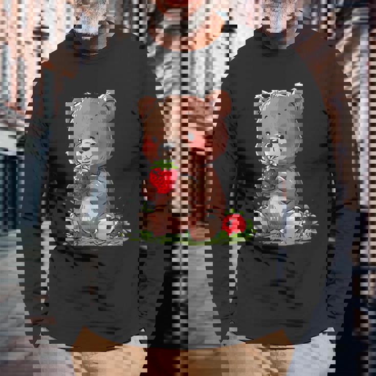 いちごくま かわいい くま 作品 描画 いちご フルーツ 長袖Tシャツ 高齢者への贈り物