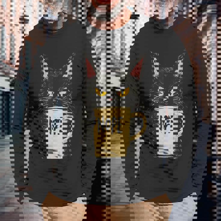 おかしな猫 コーヒーマグと黒猫 Nope 長袖Tシャツ 高齢者への贈り物