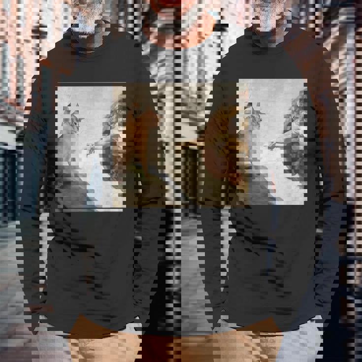 おかしな猫 神 創造 アダム ミーム イエス 長袖Tシャツ 高齢者への贈り物