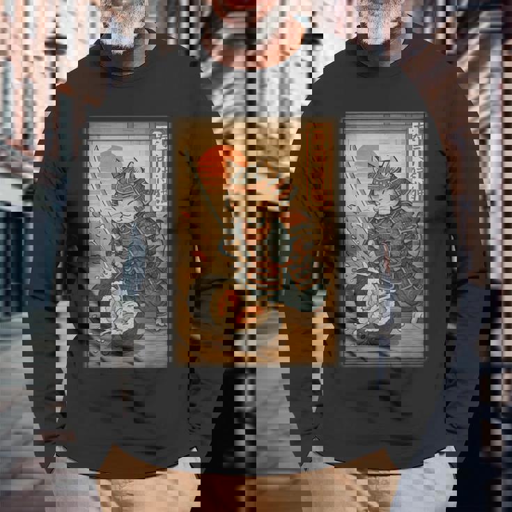 おもしろ寿司 侍猫 道場 夕日 浮世絵 漫画 漢字アート 長袖Tシャツ 高齢者への贈り物