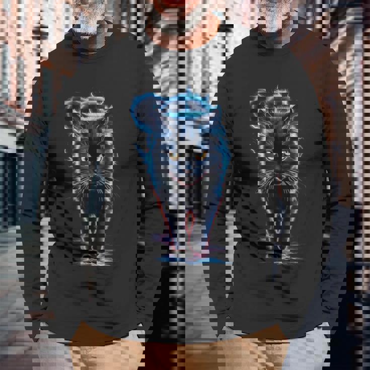 おもしろ猫 稲妻 黒猫 長袖Tシャツ 高齢者への贈り物