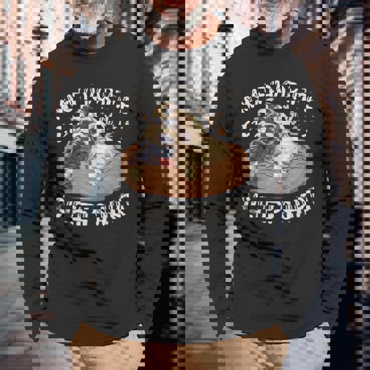 お気に入りのスリープ シャツ、パグ犬と子犬 長袖Tシャツ 高齢者への贈り物