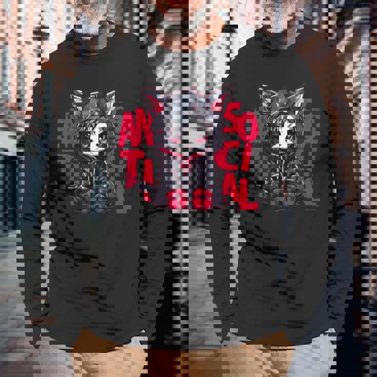 かわいい アニメ ゴシック 猫 ちび反社会的 メンヘラ グランジ 長袖Tシャツ 高齢者への贈り物