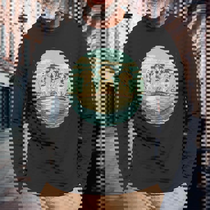 かわいい イエロー ラブラドールレトリバー 犬 釣り ボート 湖 犬 長袖Tシャツ 高齢者への贈り物