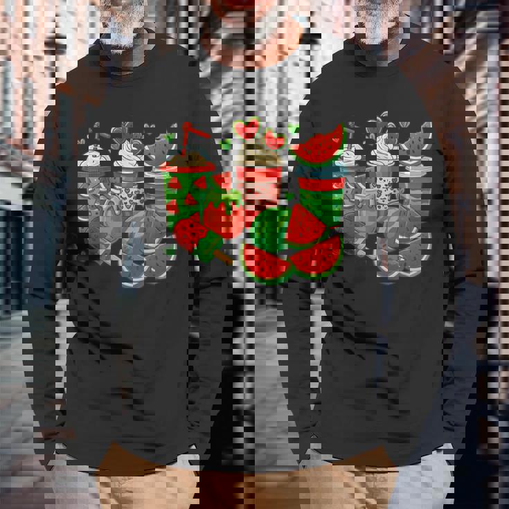 かわいい スイカ好き 夏 フルーツ スイカ アイスコーヒー 長袖Tシャツ 高齢者への贈り物