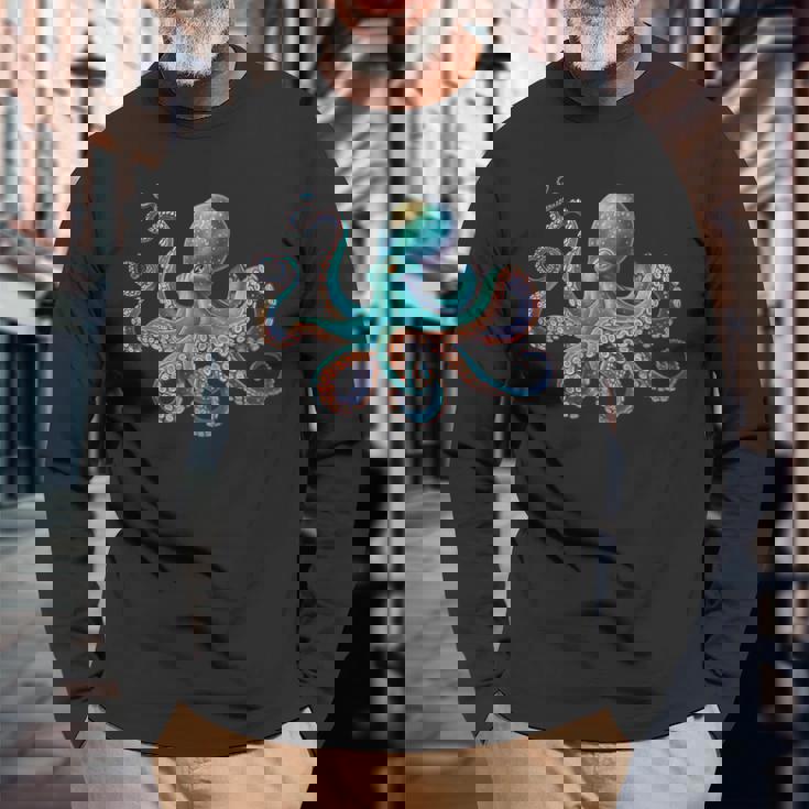 かわいい タコ カラフル ヴィンテージ ブルー イカ クラーケン スキューバ ダイビング 長袖Tシャツ 高齢者への贈り物