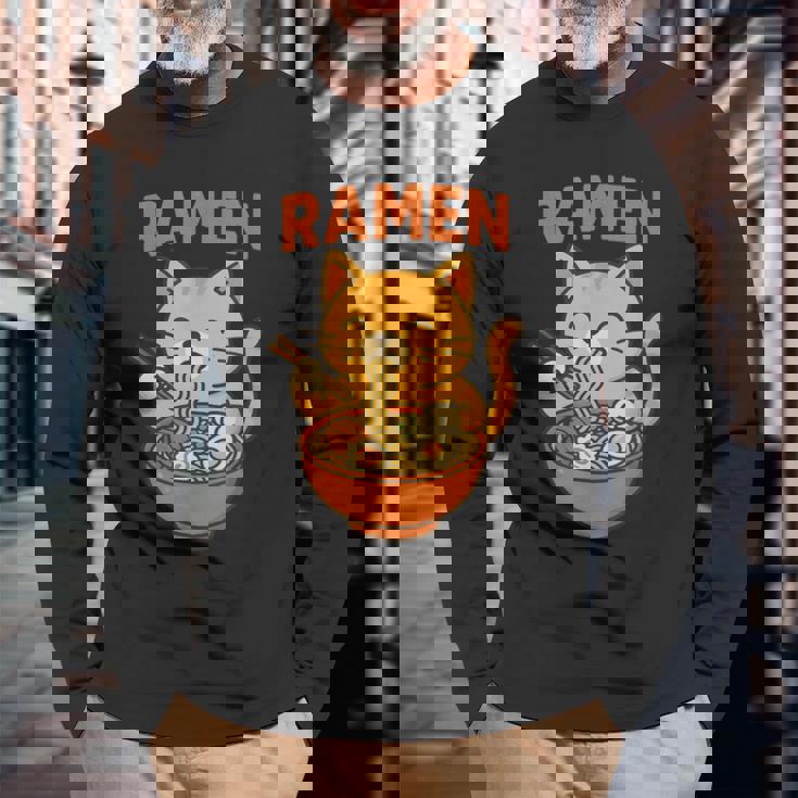 かわいい ラーメン 猫 和麺 長袖Tシャツ 高齢者への贈り物