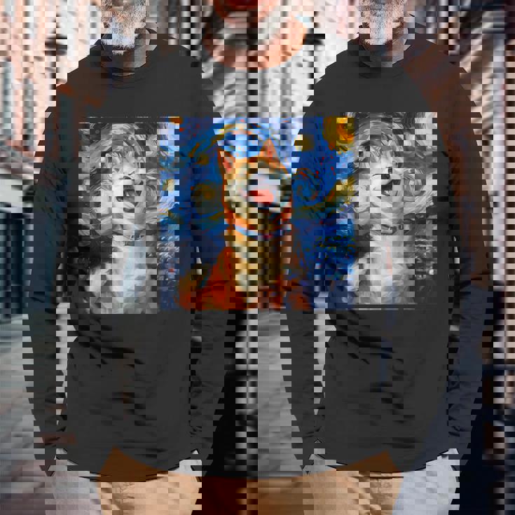 かわいい 柴犬 犬 星月夜 ヴィンセント・ヴァン・ゴッホ 絵画 長袖Tシャツ 高齢者への贈り物