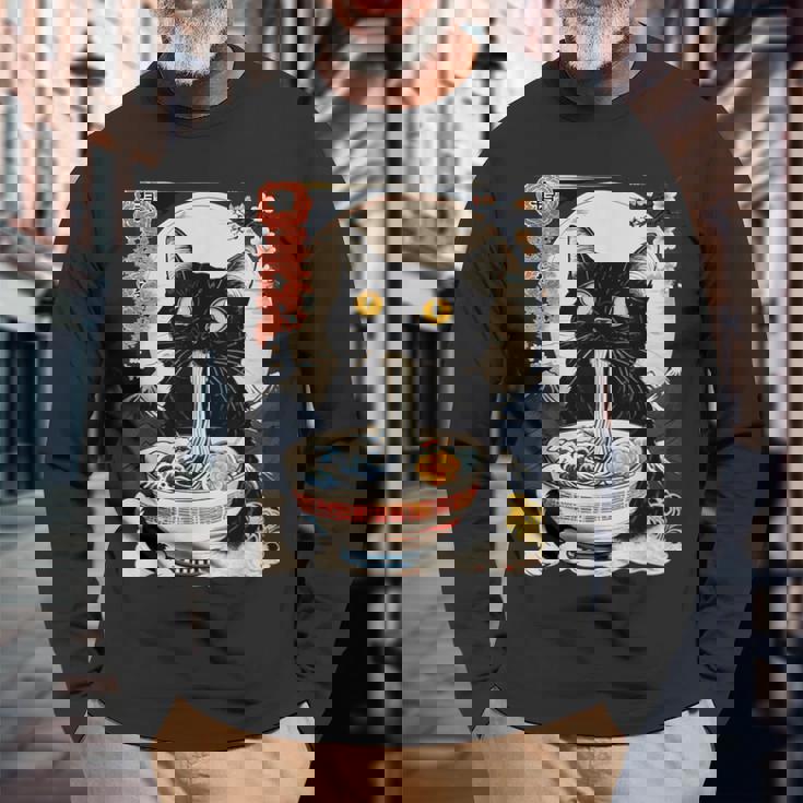 かわいい 猫 食べる ラーメン 麺 面白い アニメ 長袖Tシャツ 高齢者への贈り物