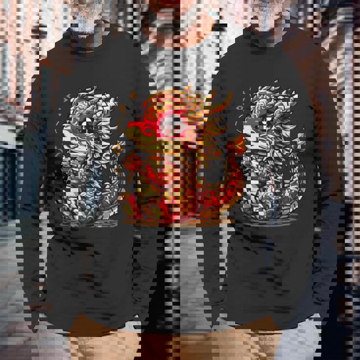 かわいい かわいい 赤 金 龍 中国 旧正月 縁起物 長袖Tシャツ 高齢者への贈り物