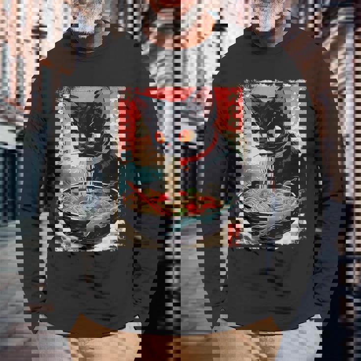 かわいい 黒猫 ラブ ラーメン カワイイ ねこ アニメ 日本語 長袖Tシャツ 高齢者への贈り物