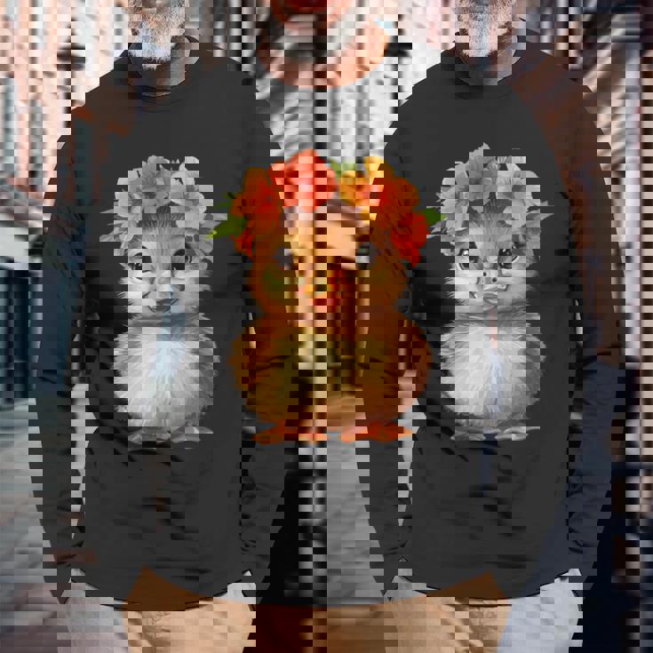 かわいいアヒルの子と花冠 長袖Tシャツ 高齢者への贈り物