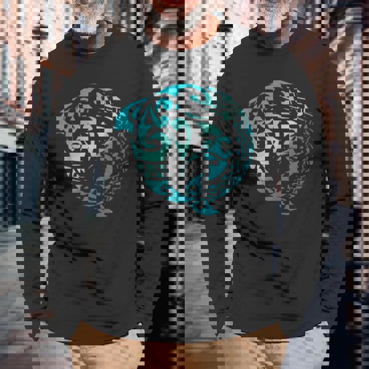 かわいいイルカ マンタレイ トライバル ハワイアン 海 海 恋人 長袖Tシャツ 高齢者への贈り物