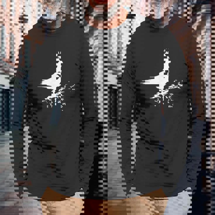 かわいいオカメインコのシルエットハート 鳥好きの方に 長袖Tシャツ 高齢者への贈り物