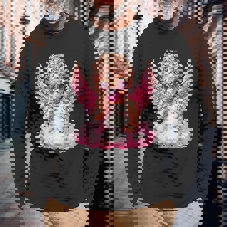 かわいいキューピッド吹くバブルガムサングラスバレンタインデー。 長袖Tシャツ 高齢者への贈り物