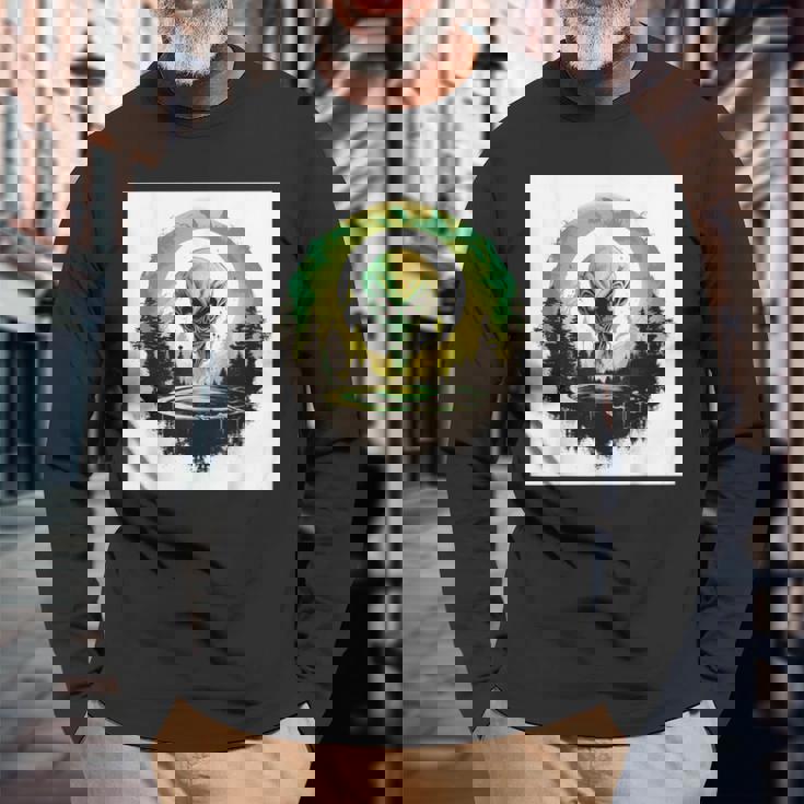 かわいいグリーンエイリアンヘッドufoスペースフェイス 長袖Tシャツ 高齢者への贈り物