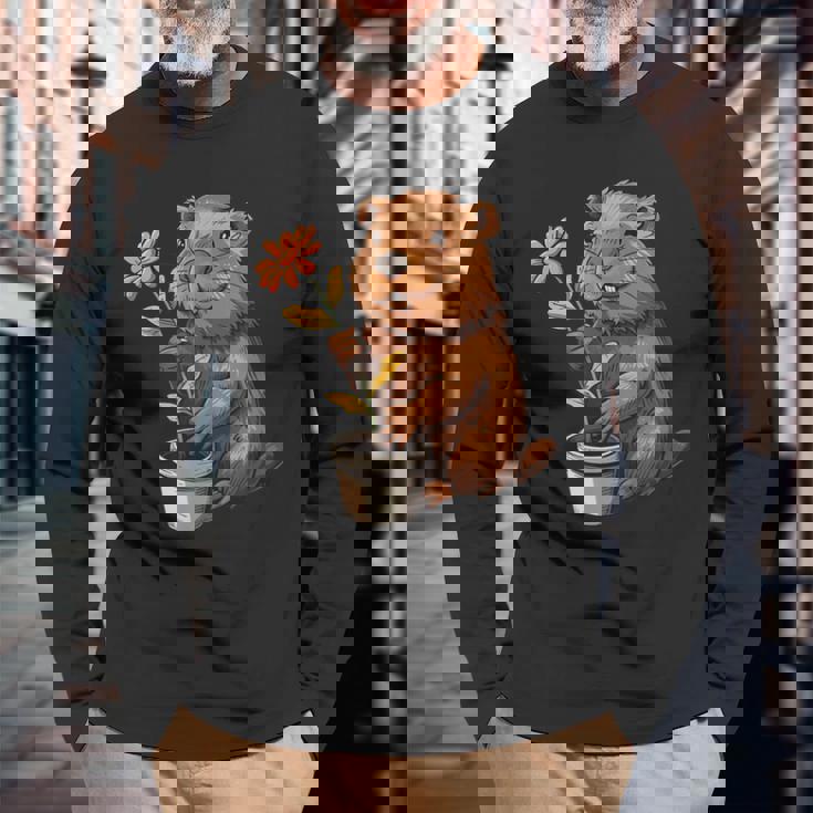 かわいいコスチューム愛好家のための鉢植えのハッピービーバー 長袖Tシャツ 高齢者への贈り物