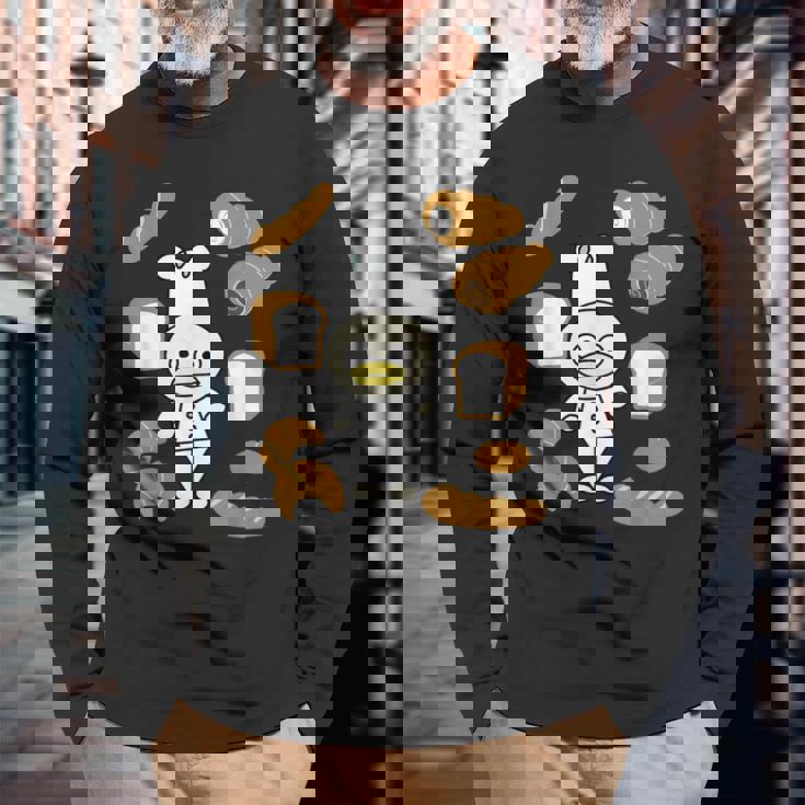 かわいいコックさん パン屋さん編 鳥 フランスパン クロワッサン チョコレートコルネ 食パン 料理 おいしい おもしろ 長袖Tシャツ 高齢者への贈り物