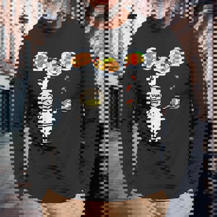 かわいいコックさん 洋食屋さん オムライス ナポリタン ハンバーグ エビフライ ウィンナー フライパン おもしろ 長袖Tシャツ 高齢者への贈り物