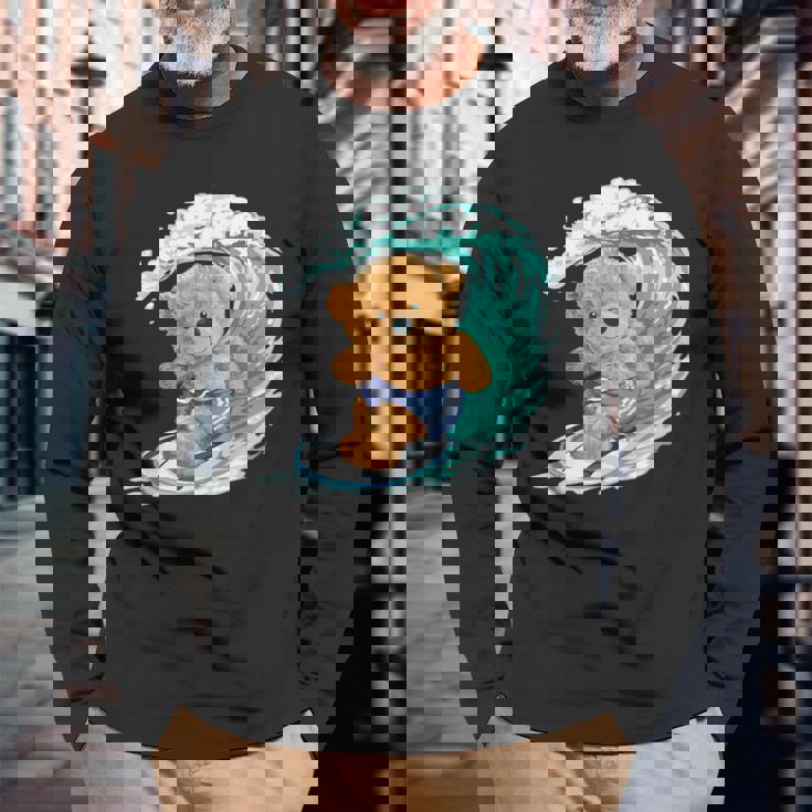 かわいいサーファーのテディベア。 長袖Tシャツ 高齢者への贈り物