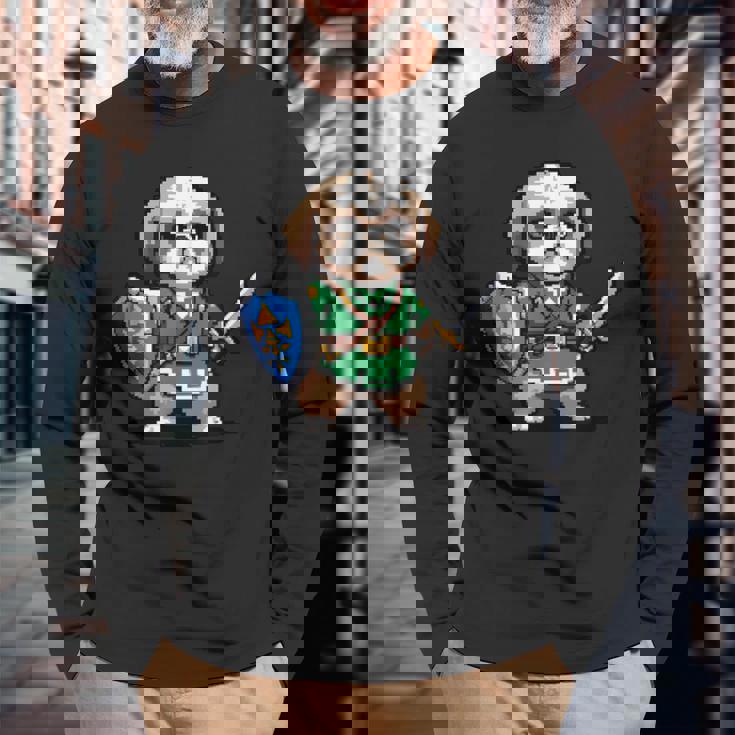 かわいいシーズー犬 レトロビデオゲームキャラクター 長袖Tシャツ 高齢者への贈り物