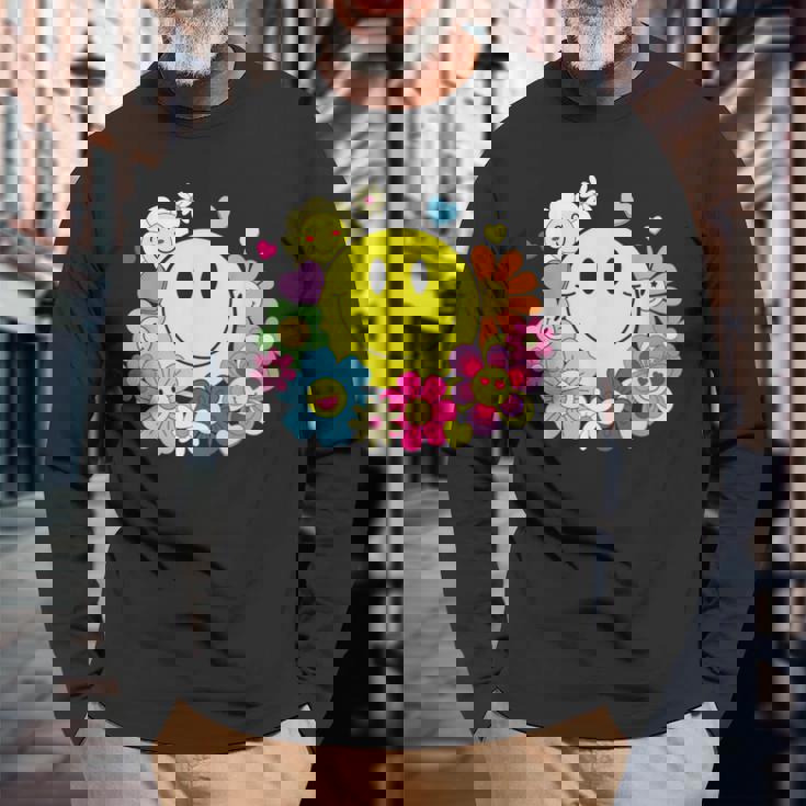 かわいいスマイルフェイス 花 ハッピーフェイス 花 ハート キッズ ガールズ 長袖Tシャツ 高齢者への贈り物