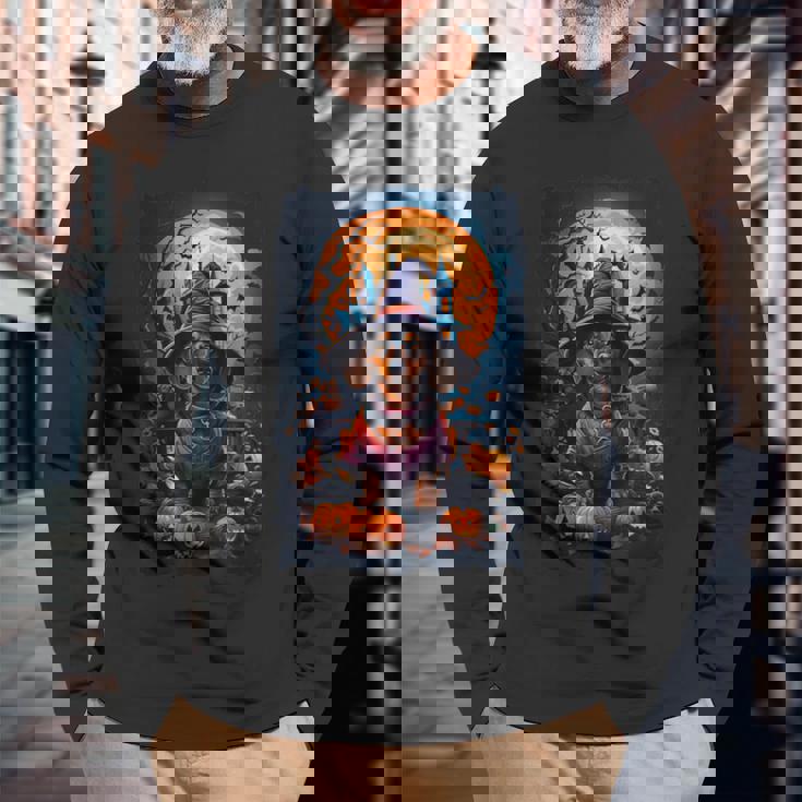 かわいいダックスフントと不気味なお化け屋敷のハロウィンコスチューム 長袖Tシャツ 高齢者への贈り物