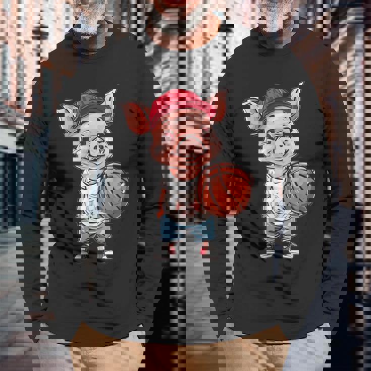 かわいいバスケットボールブタ 長袖Tシャツ 高齢者への贈り物