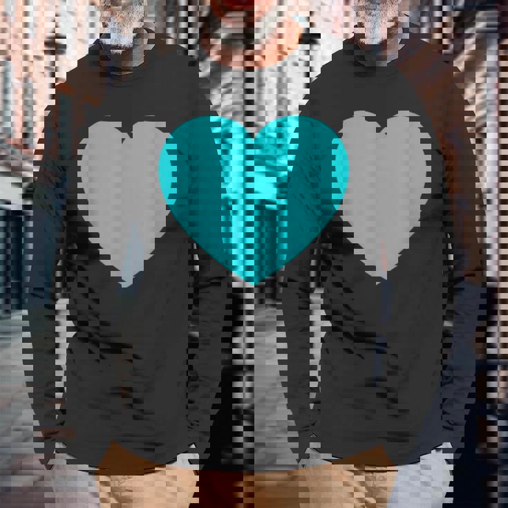 かわいいブルーターコイズハート 長袖Tシャツ 高齢者への贈り物