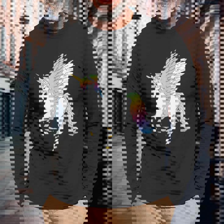 かわいいペガコーン フライングホース レインボー ユニコーン ペガサス 長袖Tシャツ 高齢者への贈り物