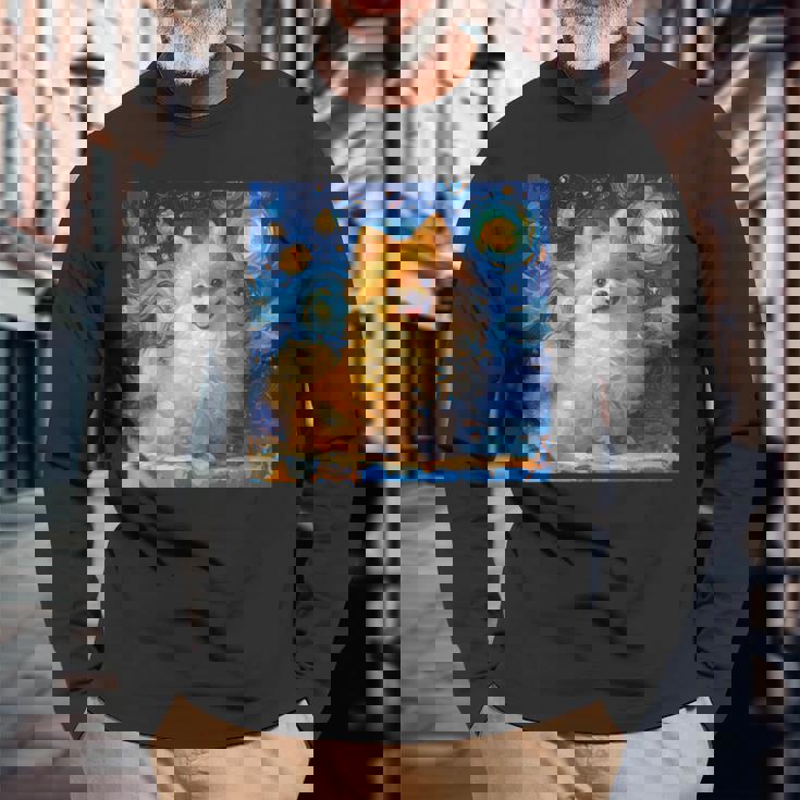 かわいいポメラニアン犬 星月夜 ヴィンセント・ヴァン・ゴッホ絵画 長袖Tシャツ 高齢者への贈り物