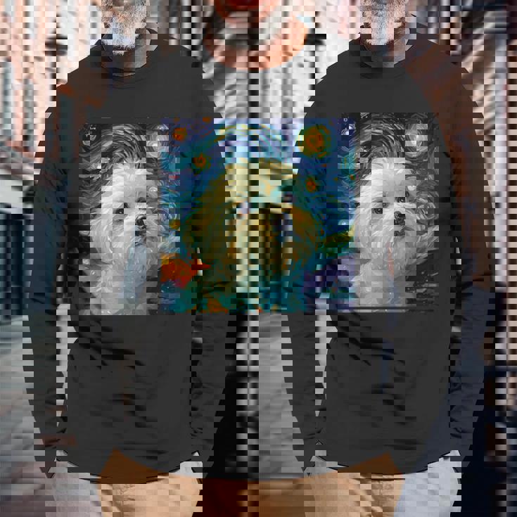 かわいいマルチーズドッグ 星月夜 ヴィンセント・ヴァン・ゴッホ絵画 長袖Tシャツ 高齢者への贈り物