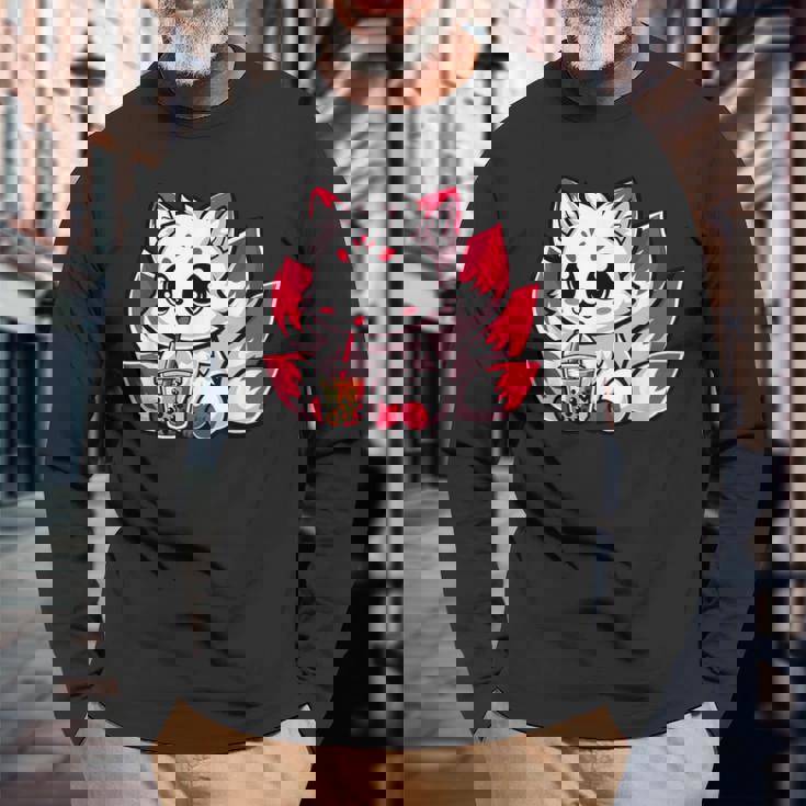 かわいい日本のキツネ九尾キツネボバティーアニメ 長袖Tシャツ 高齢者への贈り物