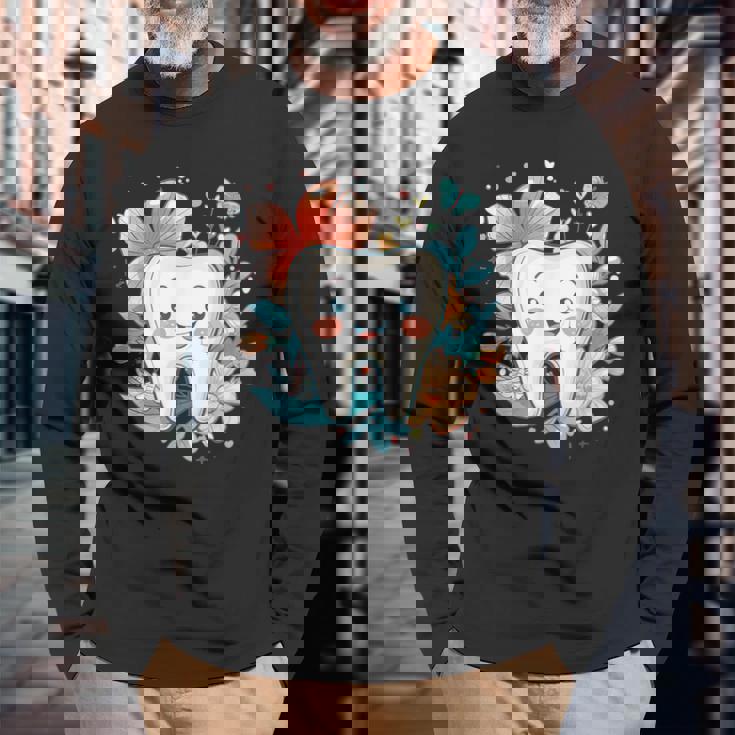 かわいい歯と花iキッズ歯 長袖Tシャツ 高齢者への贈り物