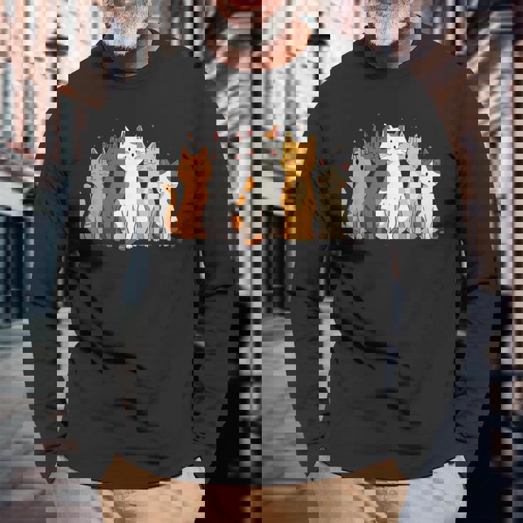 かわいい漫画の猫のイラスト 長袖Tシャツ 高齢者への贈り物