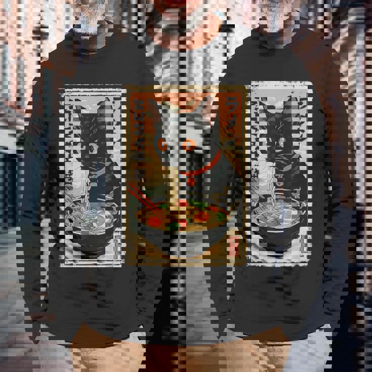 かわいい猫とラーメン麺 日本のアニメ漫画 長袖Tシャツ 高齢者への贈り物