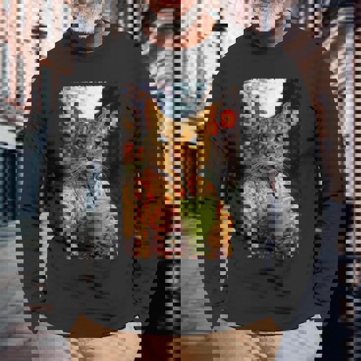 かわいい着物猫 自撮り 抹茶 バブルティー 長袖Tシャツ 高齢者への贈り物