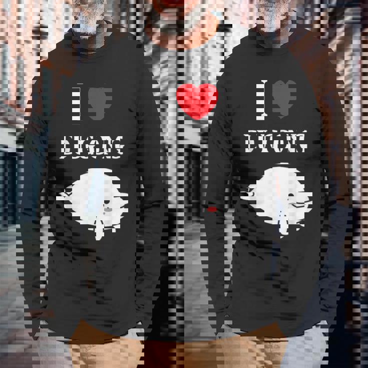 かわいい面白いシンプルなジュゴンの魚を引用します。 I Love Dugong 長袖Tシャツ 高齢者への贈り物