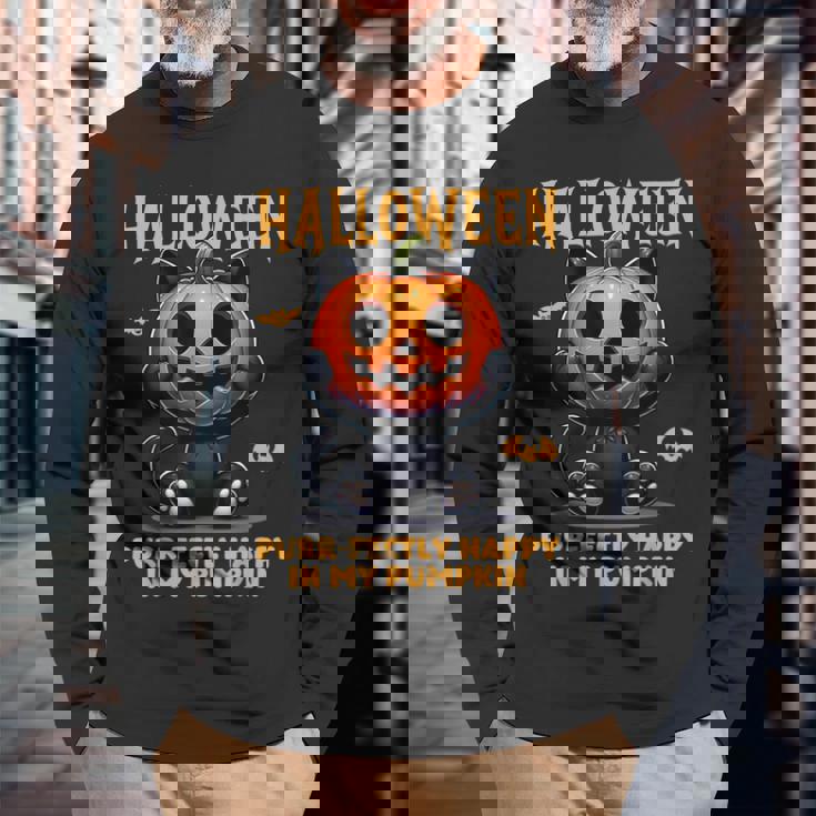 かわいい黒猫ハロウィン衣装カボチャデザインマスク面白い 長袖Tシャツ 高齢者への贈り物