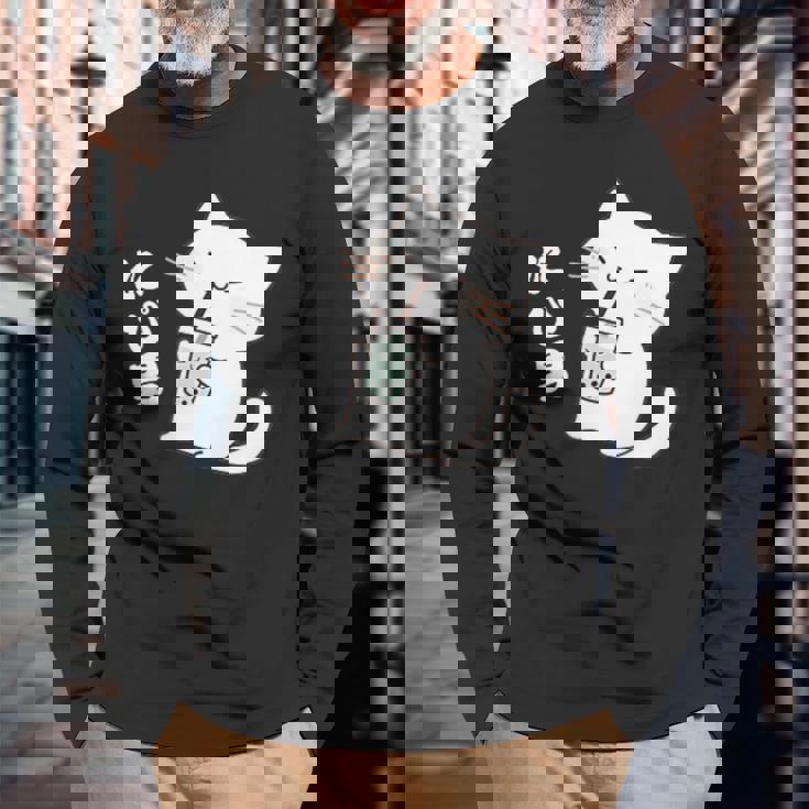 たぴ男ネコ – タピオカを飲む猫キャラデザインキッズから大人まで 長袖Tシャツ 高齢者への贈り物