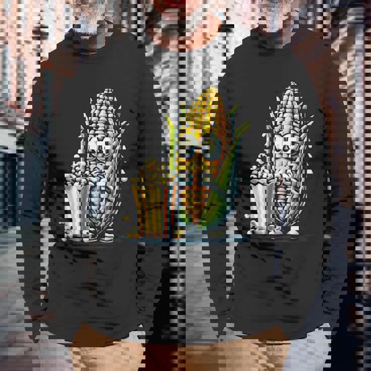 とうもろこしとポップコーンのキャラクター 長袖Tシャツ 高齢者への贈り物