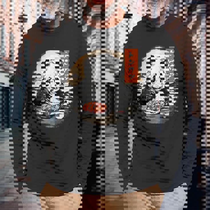 とんかつ パンダ 水墨画 日本食 日本語 おもしろ レトロ 和風 動物 長袖Tシャツ 高齢者への贈り物