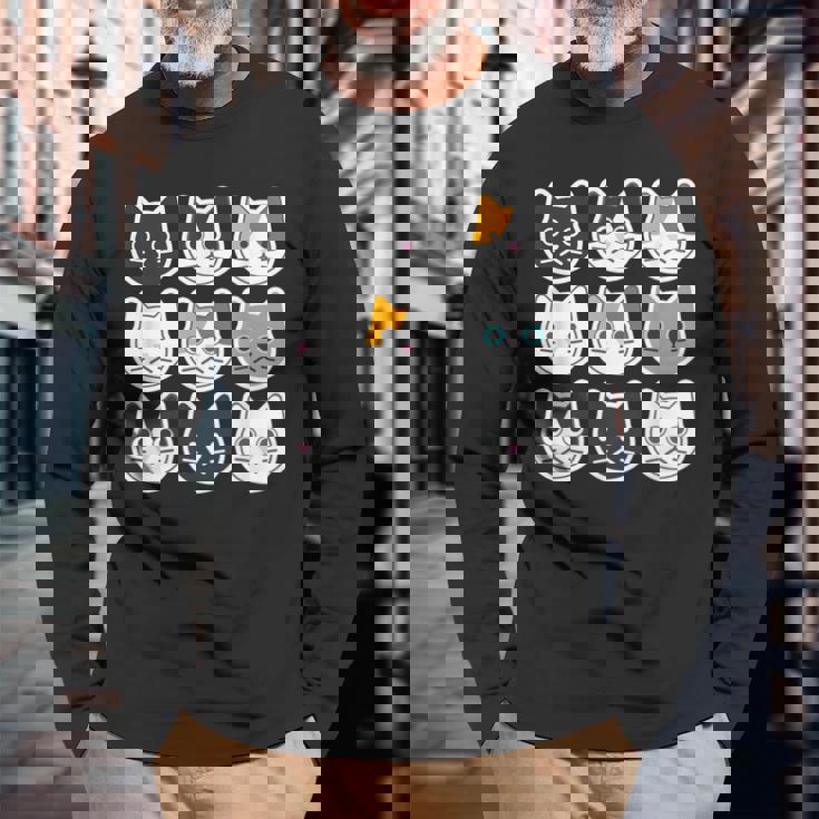 ねこ 9《ふぇいす》猫《黒・白・ハチワレ・三毛・ロシアン》【どうぶつフレンズ】顔 ゆるくて かわいい 動物 イラスト 長袖Tシャツ 高齢者への贈り物